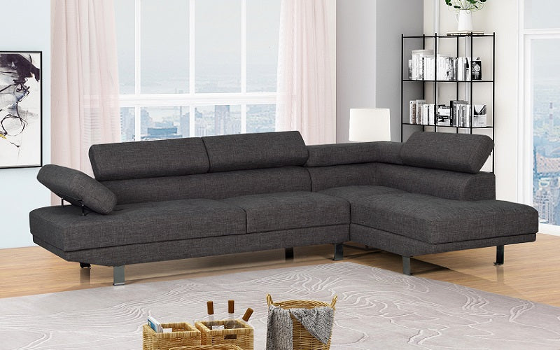 Fabric Sectional with Adjustable Headrest and Chaise - Grey