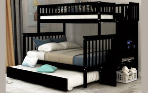 Bunk Bed - Twin over Double with Trundle, Storage, Staircase Solid Wood - Espresso
