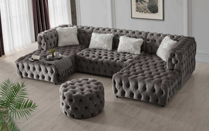 Velvet Fabric Sectional 'U' Shaped Chaises - Grey