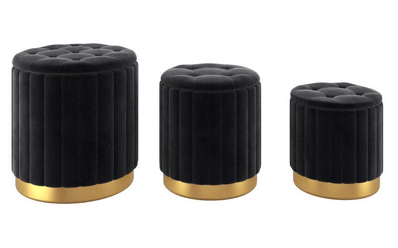 Velvet Fabric 3-piece Storage Ottoman Set with Stainless Steel Gold Base - Pink | Black