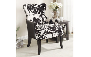 Accent Chair Cow Hide Fabric & Leather Back with Dark Legs - Black