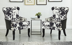 Accent Chair Cow Hide Fabric & Leather Back with Dark Legs - Black