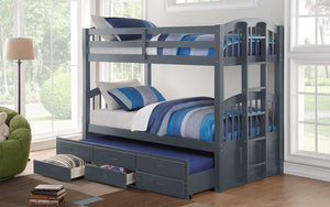 Bunk Bed - Twin over Twin with Trundle and Drawers Solid Wood - Grey
