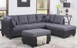 Fabric Sectional Set with Reversible Chaise and Ottoman - Grey | Black (Two-Tone)