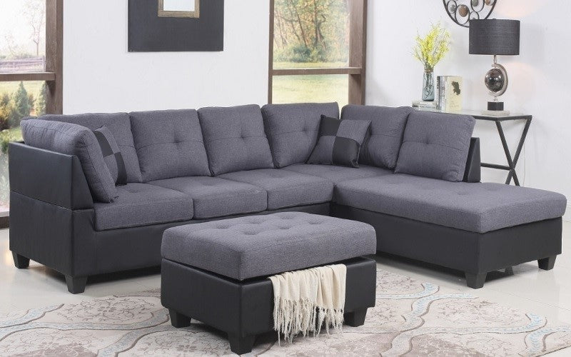 Fabric Sectional Set with Reversible Chaise and Ottoman - Grey | Black