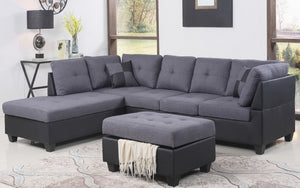 Fabric Sectional Set with Reversible Chaise and Ottoman - Grey | Black