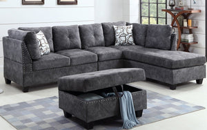 Suede Fabric Sectional Set with Reversible Chaise and Ottoman - Grey