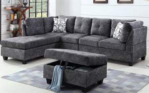 Suede Fabric Sectional Set with Reversible Chaise and Ottoman - Grey