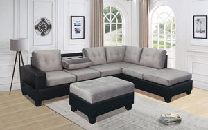 Velvet Fabric Sectional Set with Reversible Chaise and Ottoman - Grey | Black