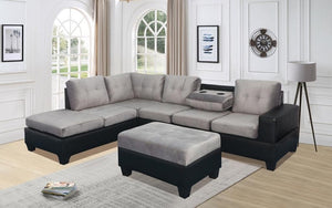Velvet Fabric Sectional Set with Reversible Chaise and Ottoman - Grey | Black
