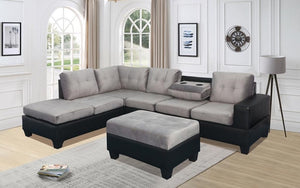 Velvet Fabric Sectional Set with Reversible Chaise and Ottoman - Grey | Black
