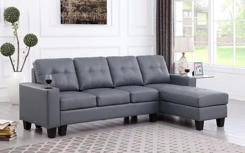 Leather Sectional with Reversible Chaise - Grey