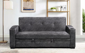 Velvet Fabric Sofa Bed with Cup Holders - Grey