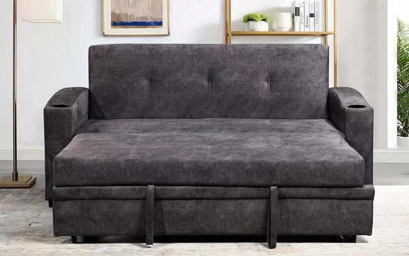 Velvet Fabric Sofa Bed with Cup Holders - Grey