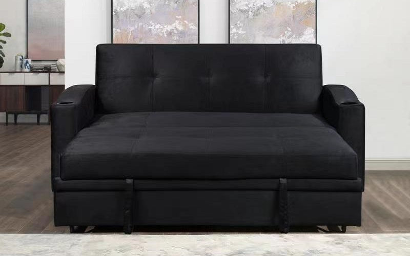 Velvet Fabric Sofa Bed with Cup Holders - Black