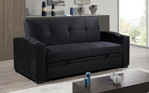 Velvet Fabric Sofa Bed with Cup Holders - Black