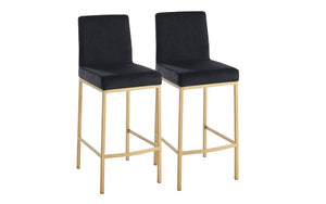 Bar Stool With Velvet Fabric & Gold Legs - Gold | Blue, Gold | Black & Gold | Grey - Set of 2 pc (26'' Counter Height)