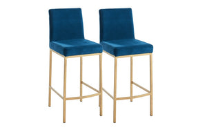 Bar Stool With Velvet Fabric & Gold Legs - Gold | Blue, Gold | Black & Gold | Grey - Set of 2 pc (26'' Counter Height)