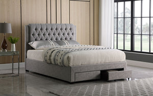 Platform Bed with Button-Tufted Fabric and 2 Drawers - Light Grey