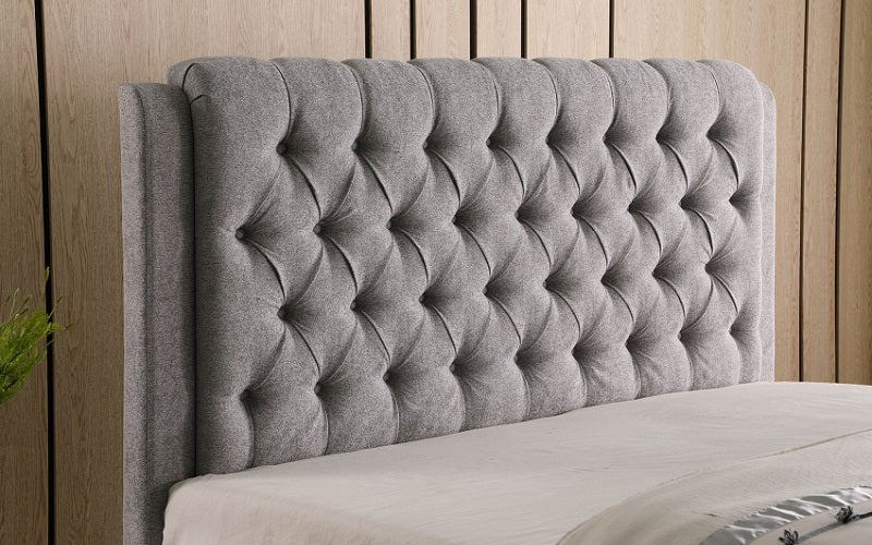 Platform Bed with Button-Tufted Fabric and 2 Drawers - Light Grey