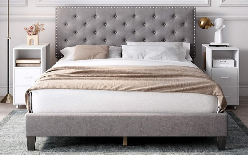 Platform Bed with Velvet Fabric and Dark Legs - Grey