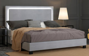 Platform Bed with Velvet Fabric and LED Light- Blue | Grey