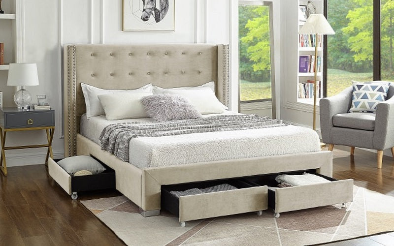 Platform Bed with Button-Tufted Velvet Fabric Wing and 4 Drawers - Beige