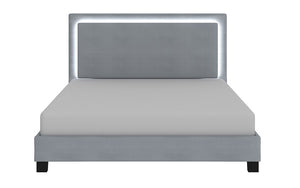 Platform Bed with Velvet Fabric and LED Light- Blue | Grey