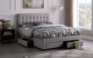 Platform Bed with Button-Tufted Fabric and 4 Drawers - Light Grey