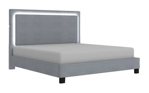 Platform Bed with Velvet Fabric and LED Light- Blue | Grey