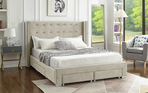 Platform Bed with Button-Tufted Velvet Fabric Wing and 4 Drawers - Beige