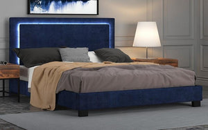 Platform Bed with Velvet Fabric and LED Light- Blue | Grey