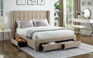Platform Bed with Button-Tufted Fabric Wing and 4 Drawers - Beige