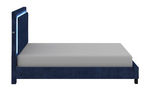Platform Bed with Velvet Fabric and LED Light- Blue | Grey