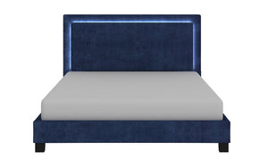 Platform Bed with Velvet Fabric and LED Light- Blue | Grey