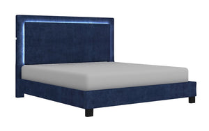 Platform Bed with Velvet Fabric and LED Light- Blue | Grey