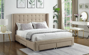 Platform Bed with Button-Tufted Fabric Wing and 4 Drawers - Beige