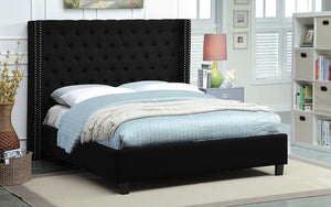 Platform Bed with Linen Fabric Wing and Dark Legs - Black