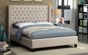 Platform Bed with Linen Fabric Wing and Dark Legs - Beige