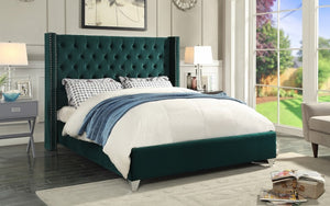 Platform Bed with Velvet Fabric Wing and Chrome Legs - Green