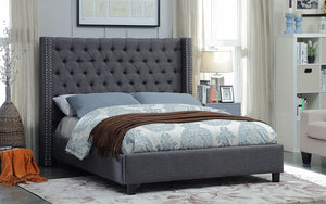 Platform Bed with Linen Fabric Wing and Dark Legs - Grey