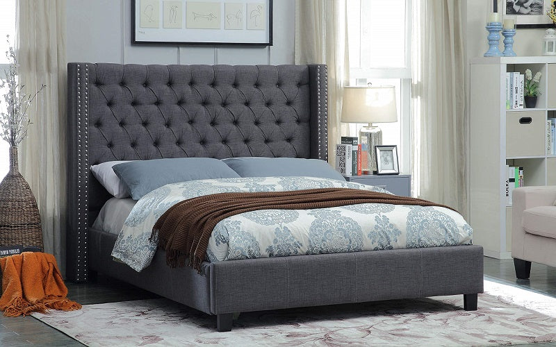 Platform Bed with Linen Fabric Wing and Dark Legs - Beige