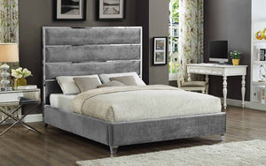 Platform Bed with Velvet Fabric and Chrome Legs - Grey