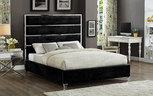 Platform Bed with Velvet Fabric and Chrome Legs - Black