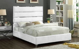 Platform Bed with Velvet Fabric and Chrome Legs - White