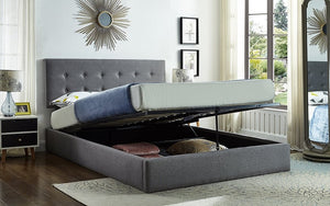 Platform Bed with Storage and Button Tufted Fabric - Grey