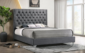 Platform Bed with Velvet Fabric and Chrome Legs - Grey