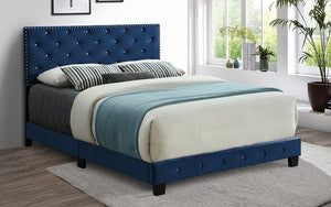 Platform Bed with Velvet Fabric and Dark Legs - Blue