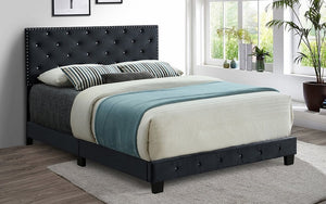 Platform Bed with Velvet Fabric and Dark Legs - Black