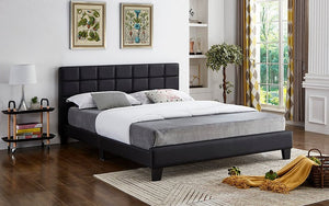 Platform Bed with Bonded Leather and Dark Legs - Black